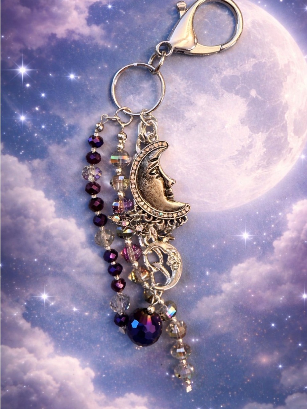 Silver Moon & Purple Crystal Bag Charm Keychain